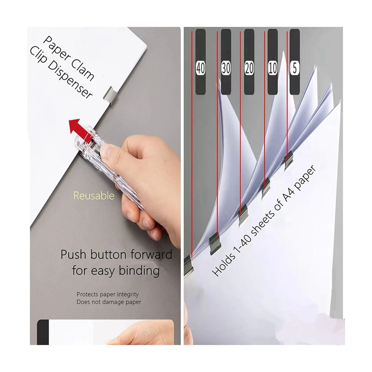 A48I Handheld Paper Clip Dispenser, Portable Fast Paper Clipper with 50 Reusable Silver Metal Clips for Desktop Document