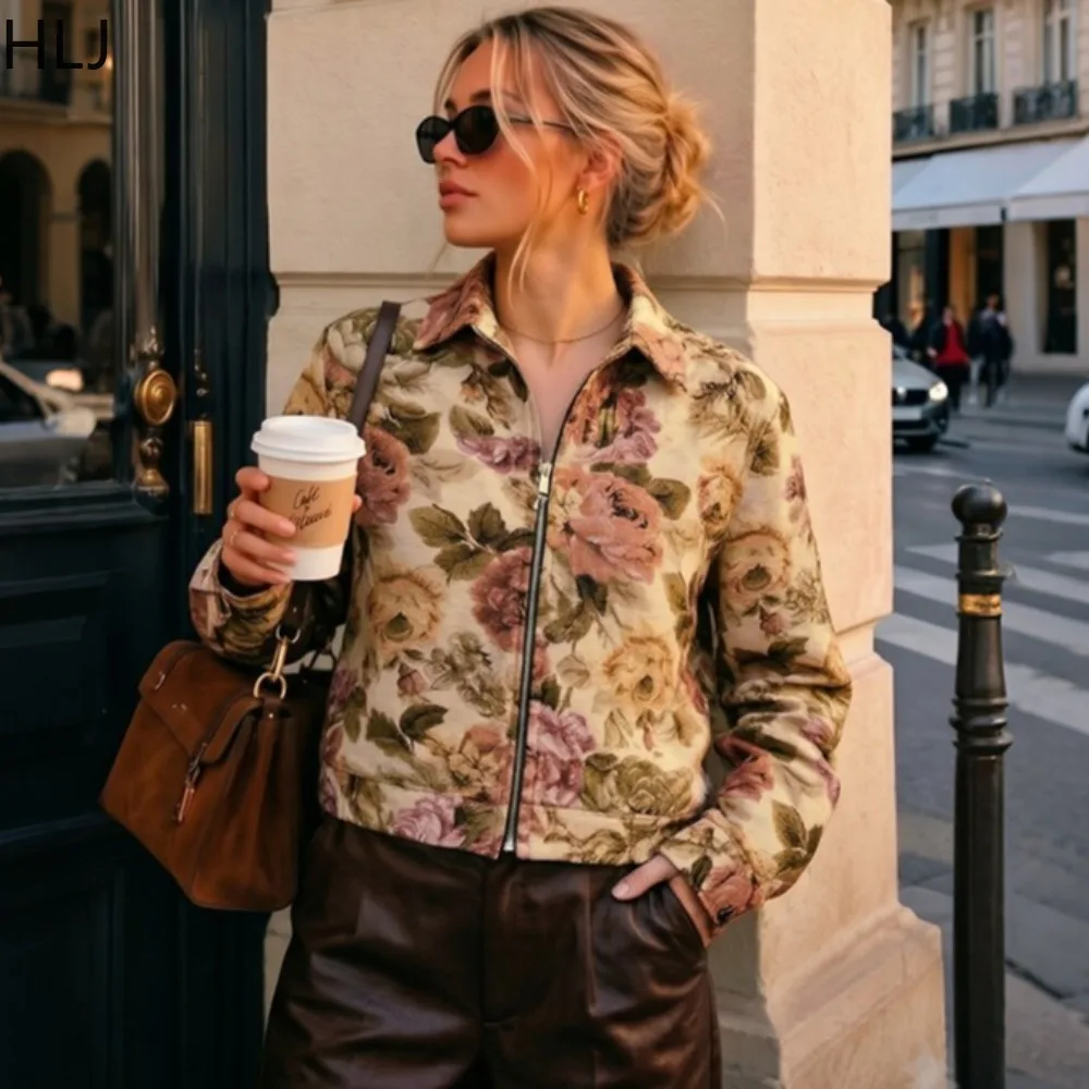 HLJ Vintage Fashion Floral Jacquard Jacket Women Lapel Collar Long Sleeve Zip Blouse Slim Fit Casual Autumn Winter Streetwear