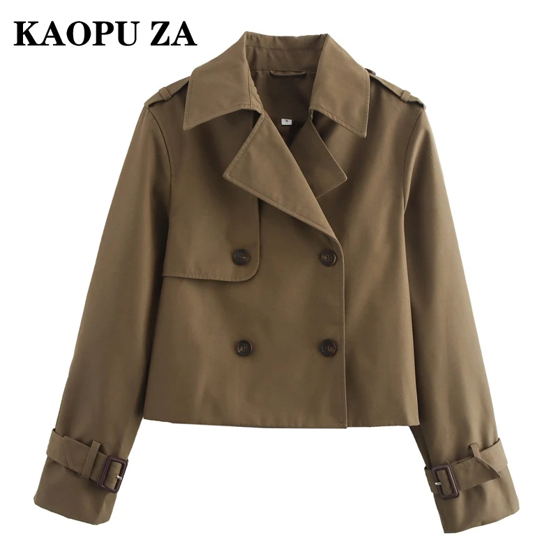 KAOPU ZA 2024 New Autumn Ladies Vintage Double Breasted Cropped Trench Coat Women\'s Solid Short Jacket Lapel Collar Windbreaker