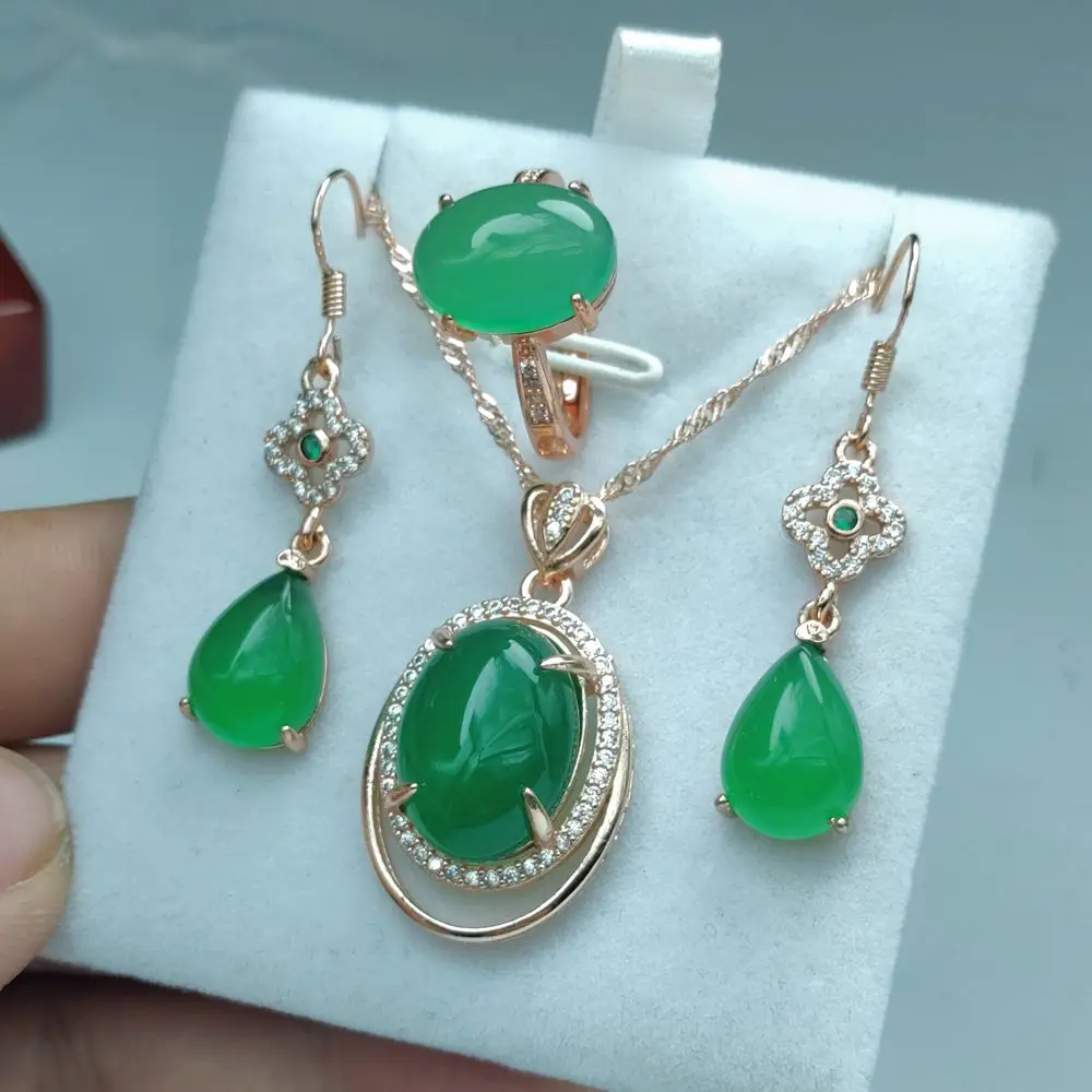 Green Suits Natural S925 Ice Chalcedony Set Silver Plated Stone Sweet Lady Agate Ring Water Drop Earrings HANFU Gemstone Pendant