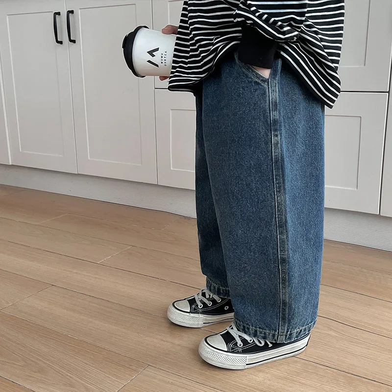 2024 Spring Kids Pants solid color loose straight jeans Boys and girls all-match casual denim trousers