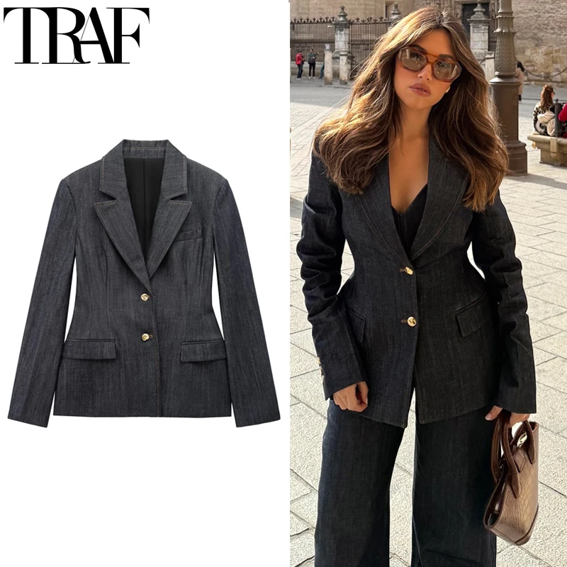 

TRAF Women's Blazers New Denim Long Blazer Woman Spring 2025 Casual Long Sleeve Commute Blazer Women Button Solid Fitted Jacket