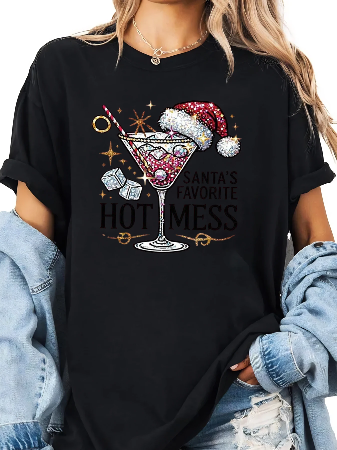 산타의 좋아하는 핫 메스 마티니 크리스마스 프린트 티셔츠 여성 휴일 파티 캐주얼웨어 블랙 플러스 사이즈