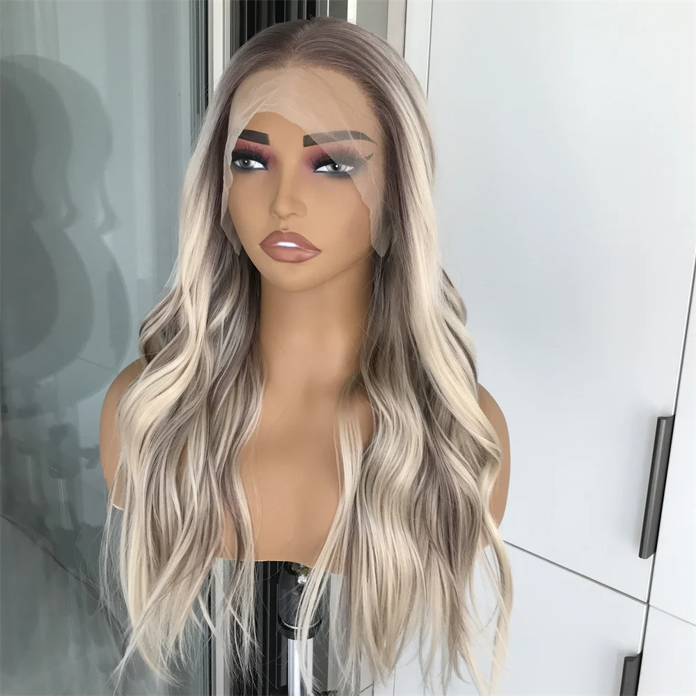 

Highlight Blonde Mix Brown Body Wave Synthetic Lace Front Wig for Women Pre Plucked Long Wavy Natural Looking Daily Use