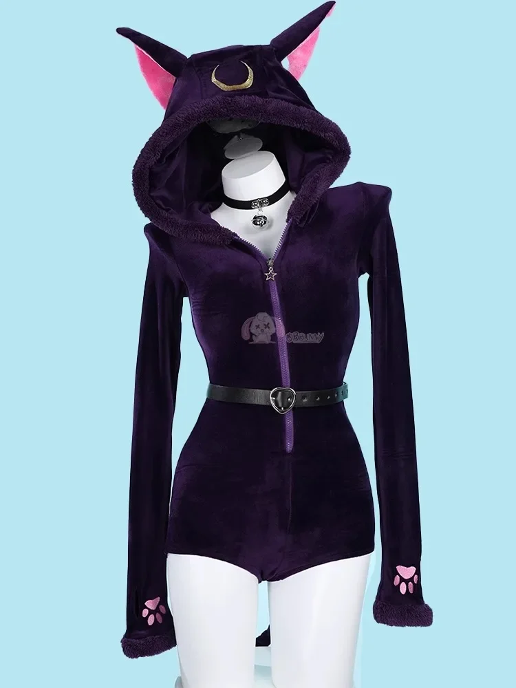 Anime Luna Cosplay Costume Women Sexy Hooded Zipper Bodysuit Socks Suit Bunny Girl Kawaii Jumpsuit Uniform Cartoon Plush Pajamas