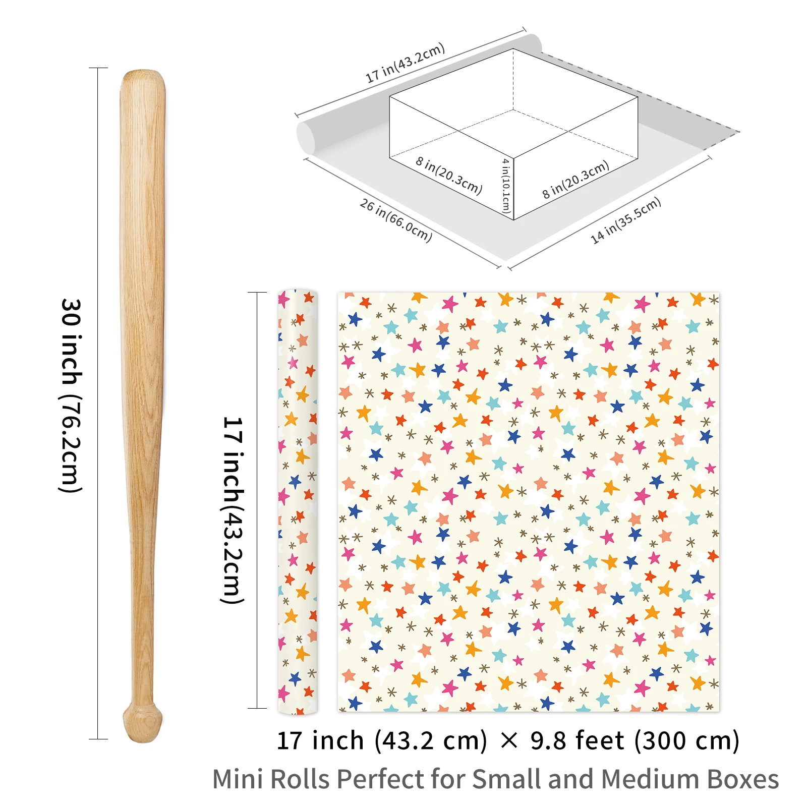 1 Roll of Colorful Star-Themed Gift Wrapping Paper |   Off-White Background with Colorful Star Patterns, Suitable for Birthday Gift Packaging, Graduation Season Gift Packaging, Holiday Souvenir Packaging, Party Gift Decoration, and Daily DIY Crafts - Specifications: 43Cm×300Cm