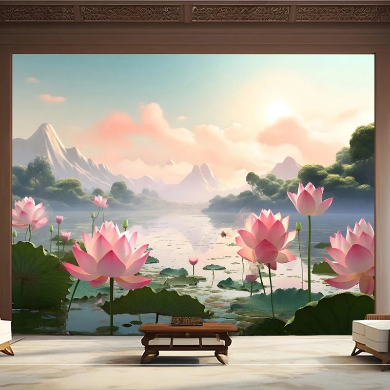 Custom Mural Wallpaper Chinese Lotus Flower Landscape Fresco Living Room Study TV Art Home Decor Waterproof 3D Wall Sticker