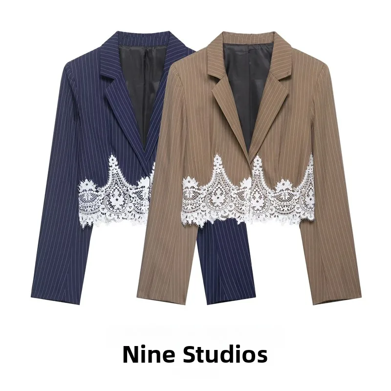 

NINE ZAR Women's Short Lace Patchwork Casual Striped Suit Jacket Long Sleeve Polyester Fiber Fashion Spring Collection