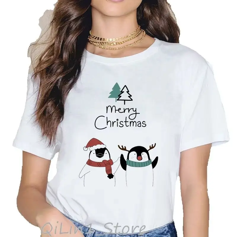 Cartoon Penguin Merry Christmas Graphic Tee Women Winter Casual Fashion Short Sleeve Tshirt