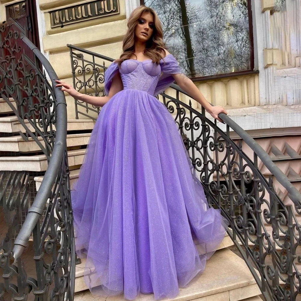 

Aixiangsha Evening Dress Off-the-shoulder Corset Sky Blue Bustier Evening Gown Bright Lilac Wedding Guest Dress Slit Evening