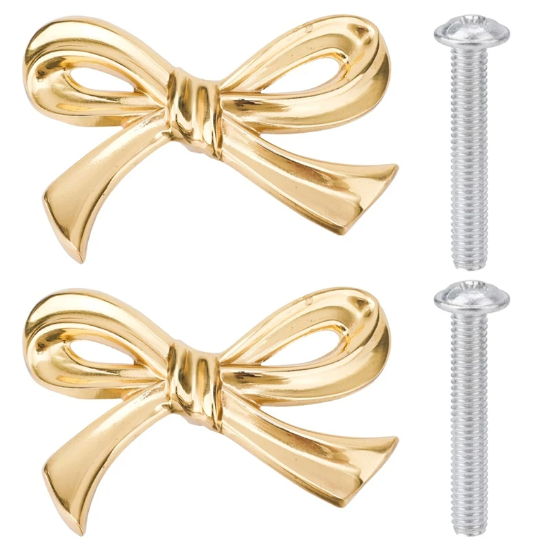 2Pcs Gold Brass Bow Dresser Knobs, Vintage Bow Shape Drawer Pull Handles For Cabinet, Wardrobe, Kitchen