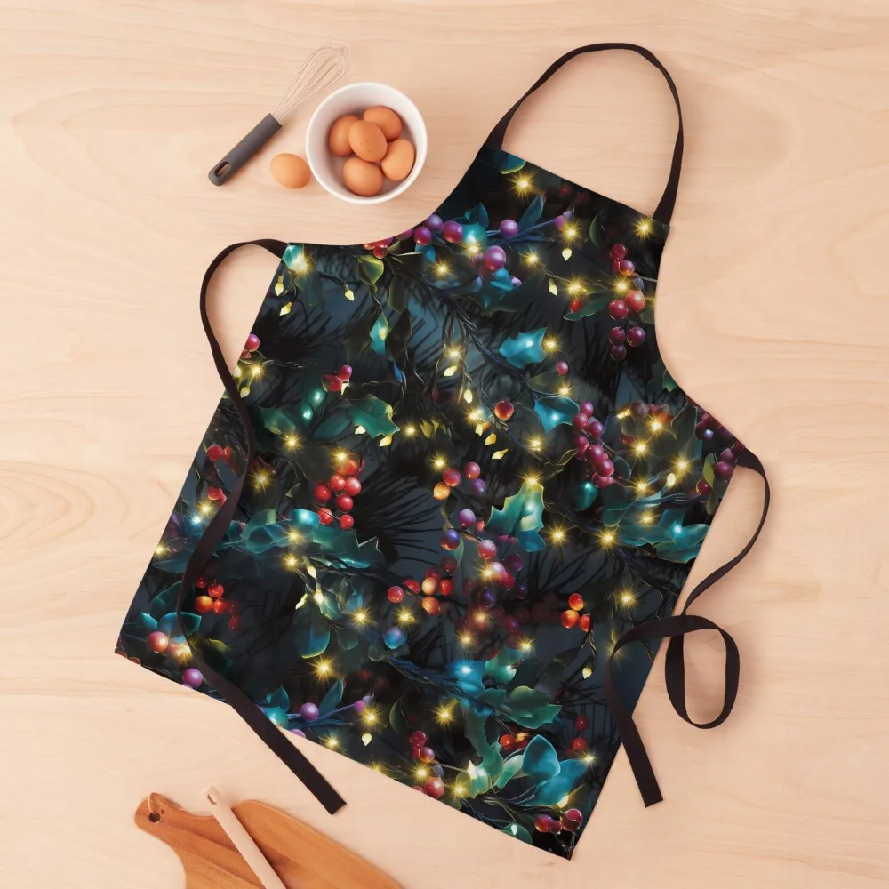 

Festive Garland Christmas Lights, Holly, and Berries Apron Chef Uniform Woman kitchen jacket woman Apron