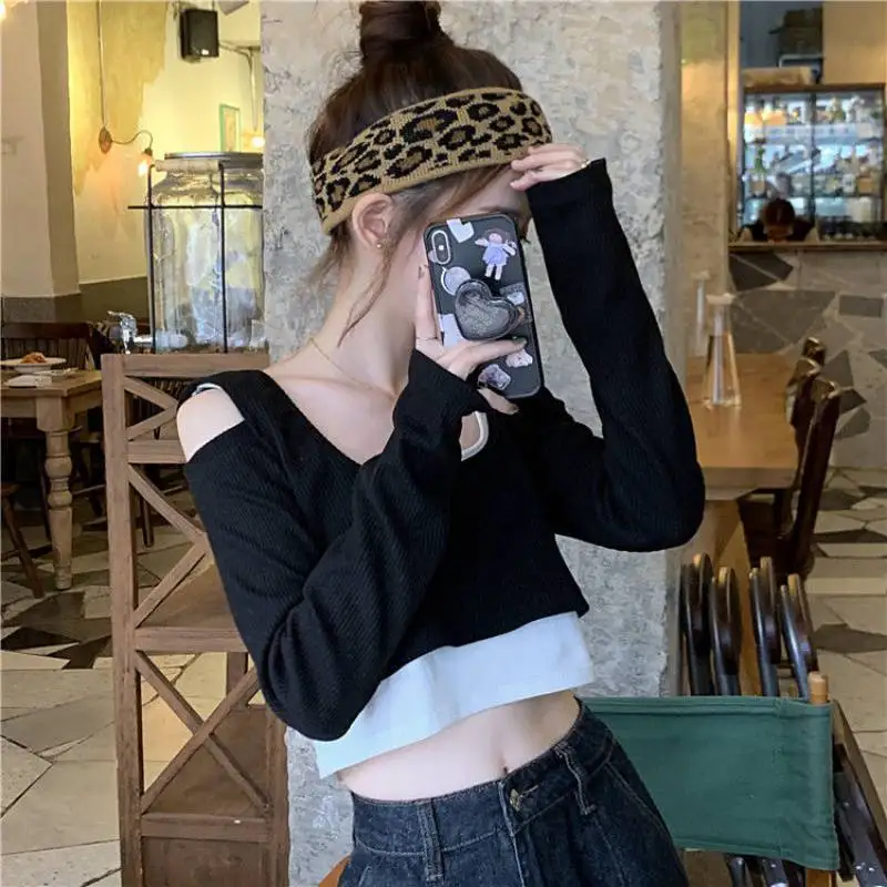 Off Shoulder Fake Two Pieces Long Sleeve T-shirts Women Korean Style Hollow Out Slim Corp Top Simple Trendy Chic Sexy 2022 New