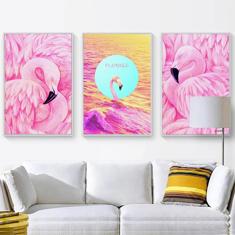 Nordic Modern Art Pink Dreamy Animal Flamingo Unframed Canvas Painting Posters For Living Room Bedroom Home Wall Art Decor