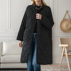 Vintage Women'S Solid Color Mid Length Cotton Collar Quilted Jacket Warm Winter Female 2023 Fashion Loose Warm Padded Coat