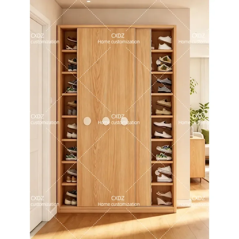 Oak Solid Wood Sliding Door Shoe Cabinet Multi Layer Household Entryway Storage Wall Mounted Large Capacity Shoe Rack Locker