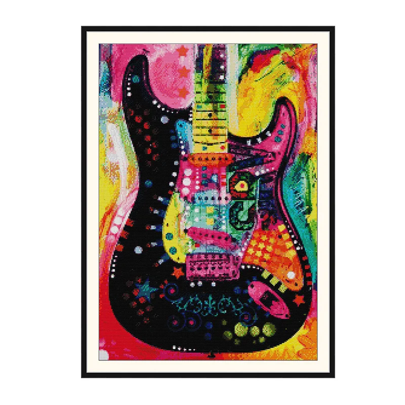 

Cross stitch colorful guitar art painting, living room bedroom DIY embroidery decorative hanging painting