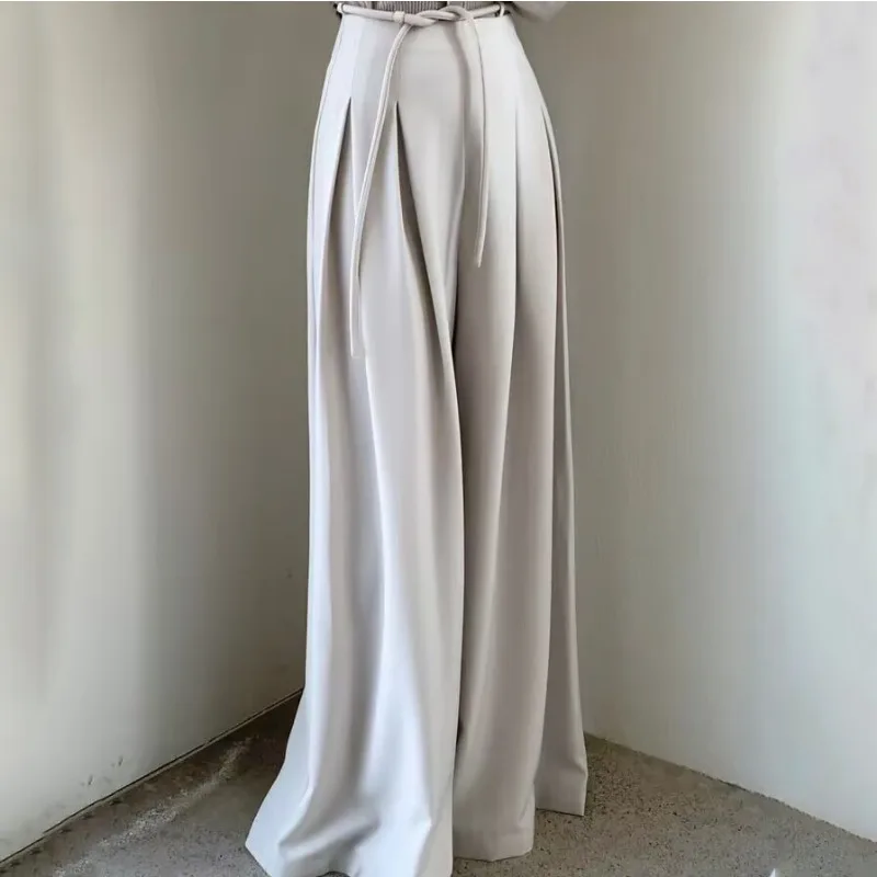 

Элегантные свободные широкие длинные костюмы, брюки с высокой талией, базовые узкие плиссированные брюки, женская однотонная женская одежда 2025