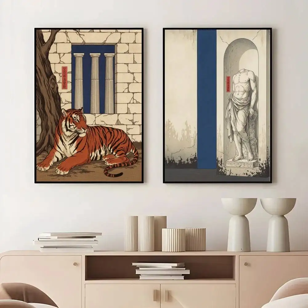 Ukiyo‑e Style Greek Ruins Wild Animal Posters, Lion Panther Tiger Ancient Statue Wall Art Prints for Living Room Home Decor