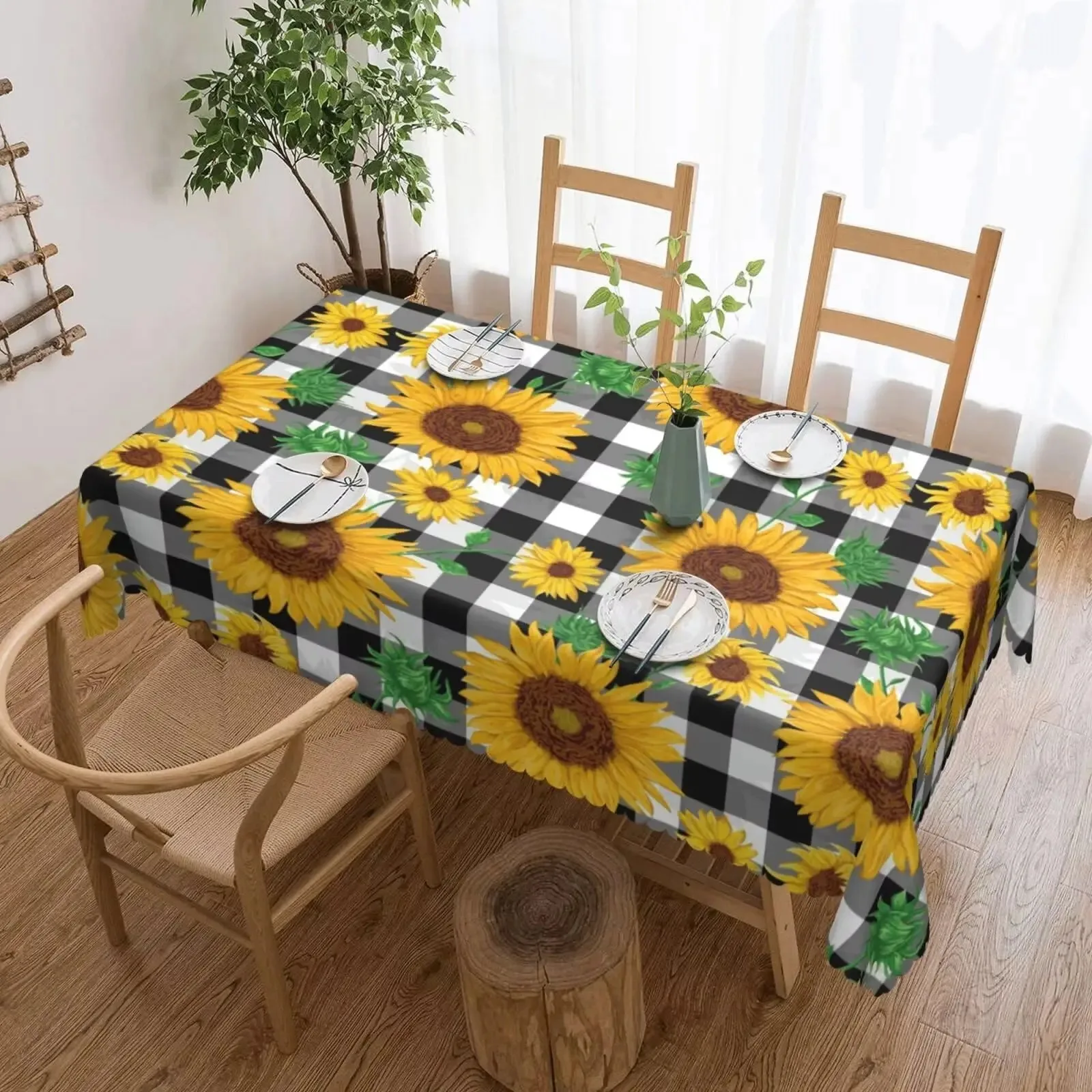 

Farmhouse Sunflower Tablecloth Waterproof Polyester 2D Flat Printed Buffalo Plaid Table Cover For Dining Room Kitchen Home Decor