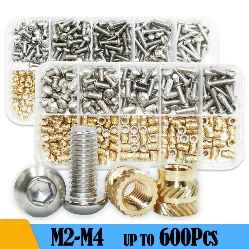 Brass Hot Melt Threaded Insert Nuts 3D Printer Heating Nut PCB Laptop 304 Stainless Screw Allen Bolt Insertnut Kit M2 M2.5 M3 M4