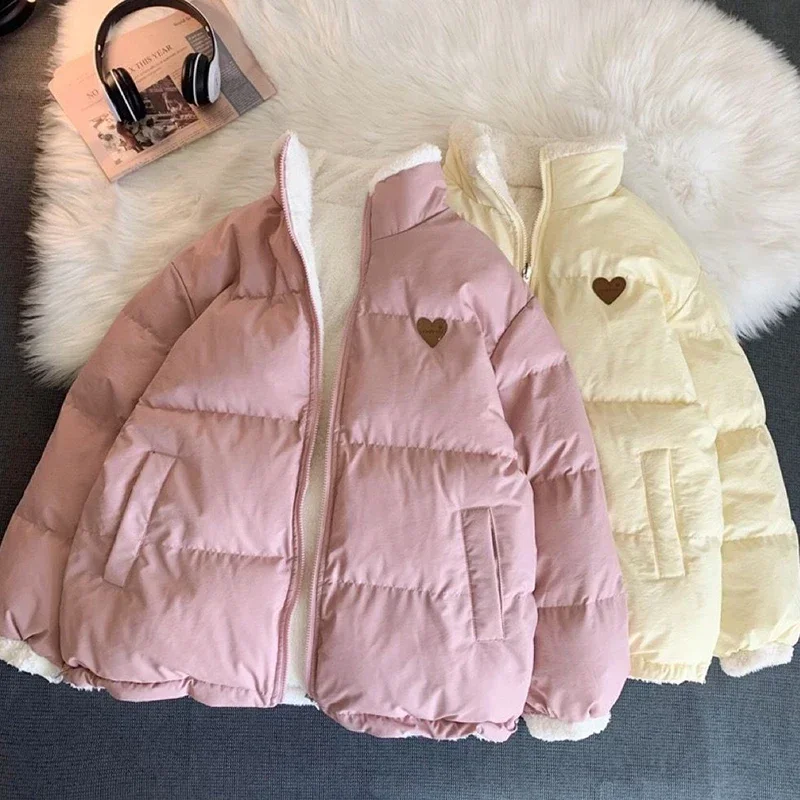 Cute Embroidery Parkas Coat Women Winter Korean Fashion Thick Loose Warm Puffer Jacket Double Sided Design Pink Student Clothes