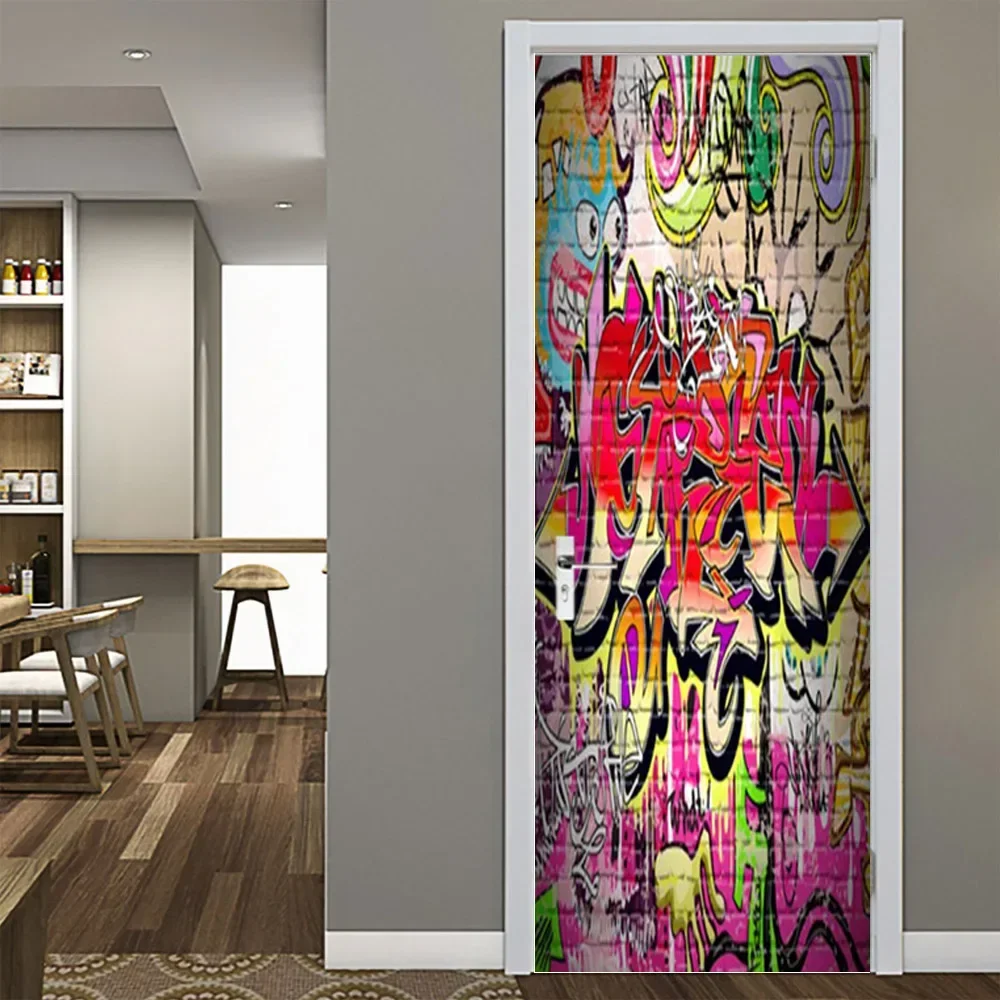 Color Graffiti Door Sticker Hip Hop Hippie Art Self-Adhesive Wallpaper for Youth Boys Bedroom Cartoon Mural Doors Cover Poster