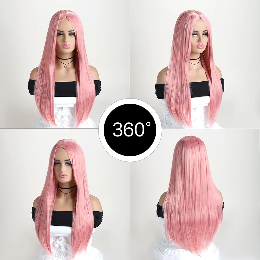 26 Inch Long Synthetic Straight  Wig Mid Bangs Women Ombre Heat Resistant Wigs Daily Use Cosplay Halloween Costume Party