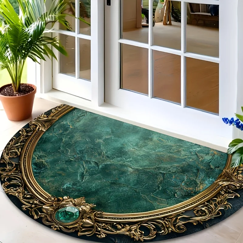 VIKAMA European Half Circle Doormat Emerald Green Marble Gold Frame Non Slip Washable Entrance Rug Luxury Front Door Mat