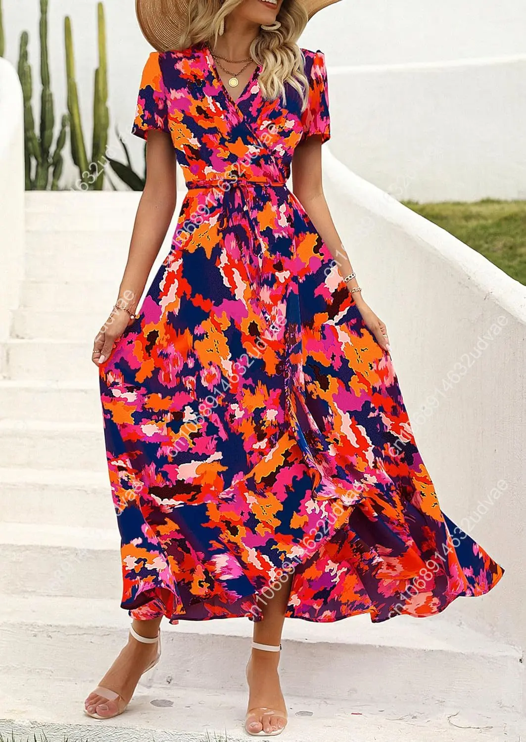 Women's Summer Maxi Dress Casual Wrap Floral Boho Short Sleeve V Neck Split Ruffle Beach Long Dresses