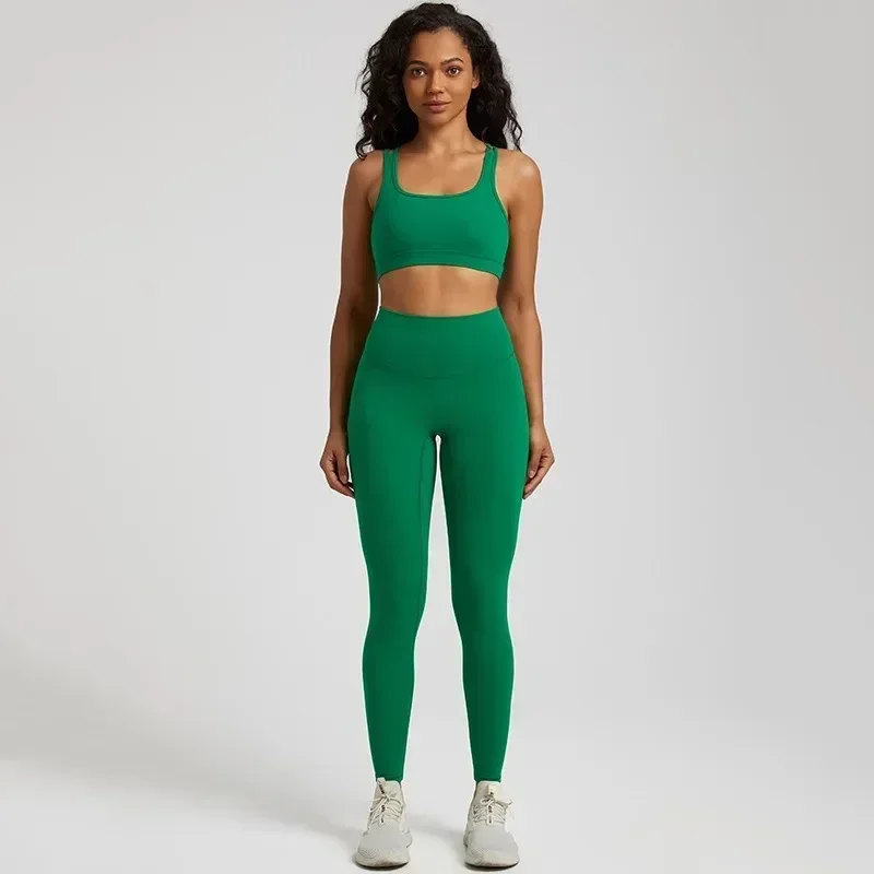 Lemon-Legging croisé dans le dos pour femme, ensemble de fitness et de yoga, soutien-gorge de sport, haut à col rond, entraînement sportif, 2 pièces