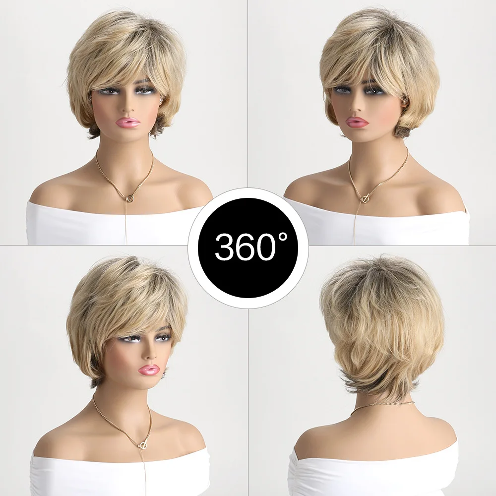 Short Blonde Hair Synthetic Wigs Wave Layered Hair With Fluffy Bangs Pixie Cut Wigs For Women Heat Resistant Fiber Wigs