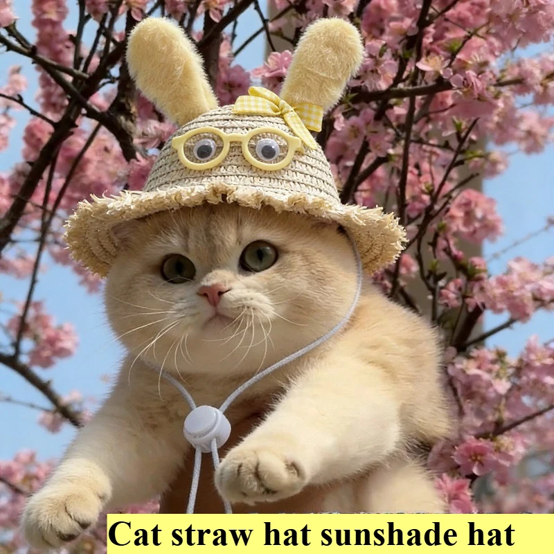 

Pet Straw Hat Summer handmade Cat Rabbit Ear Wearing Glasses Sunshade Hat Cool Dress up Dog Supplies Photography cat accessories