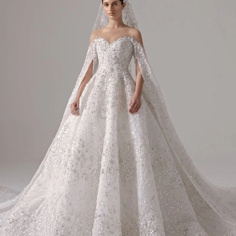 

Customized White Formal Luxury Wedding Dress Off the Shoulder Long Sleeves Chapel Train Bridal Party Crystal Bridal Gowns