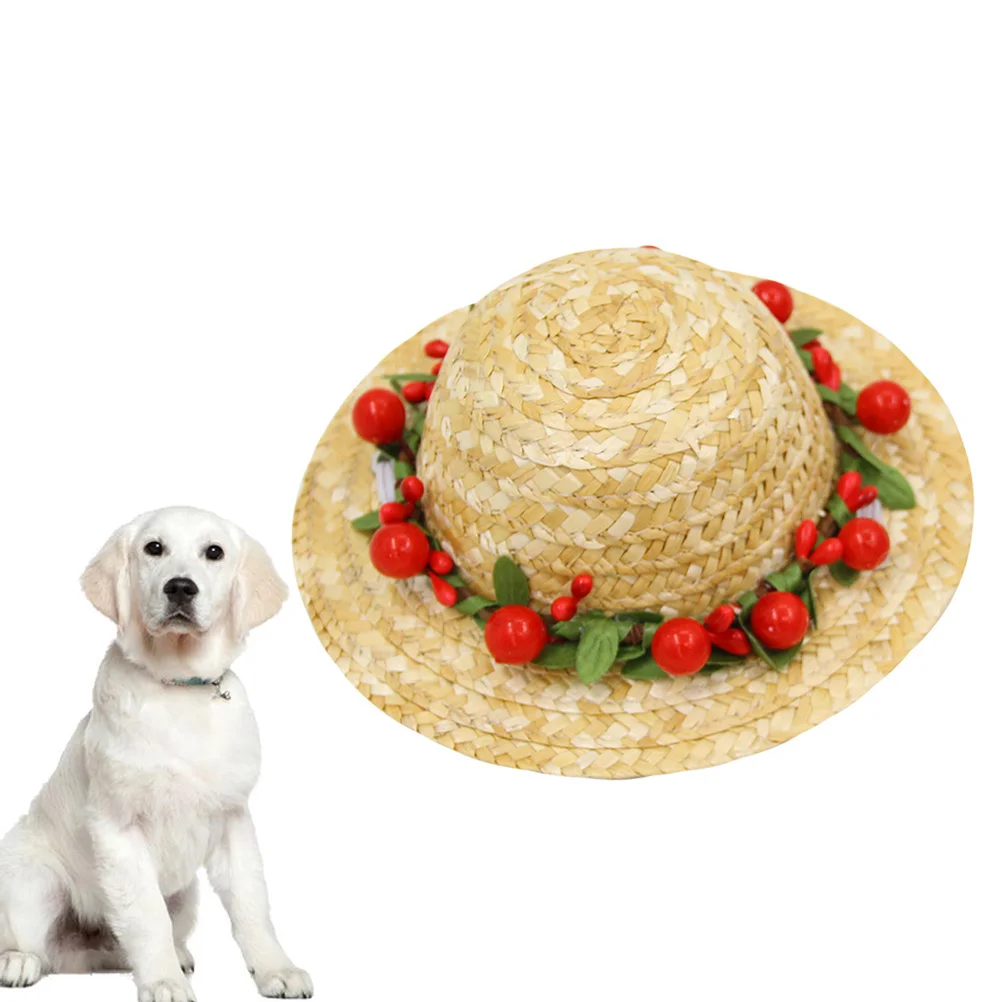 

Dog Straw Woven Hat Red Daisy Size Comfortable Pet Hat Flower Design Photo Prop Birthday Party Straw Woven Cap