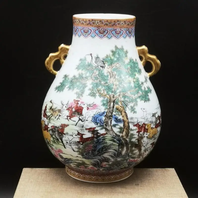 22.5cm Jingdezhen Famille Rose Vase - Deer Pattern Vintage Chinese Style Living Room Decor Lucky Prosperity Home Ornament