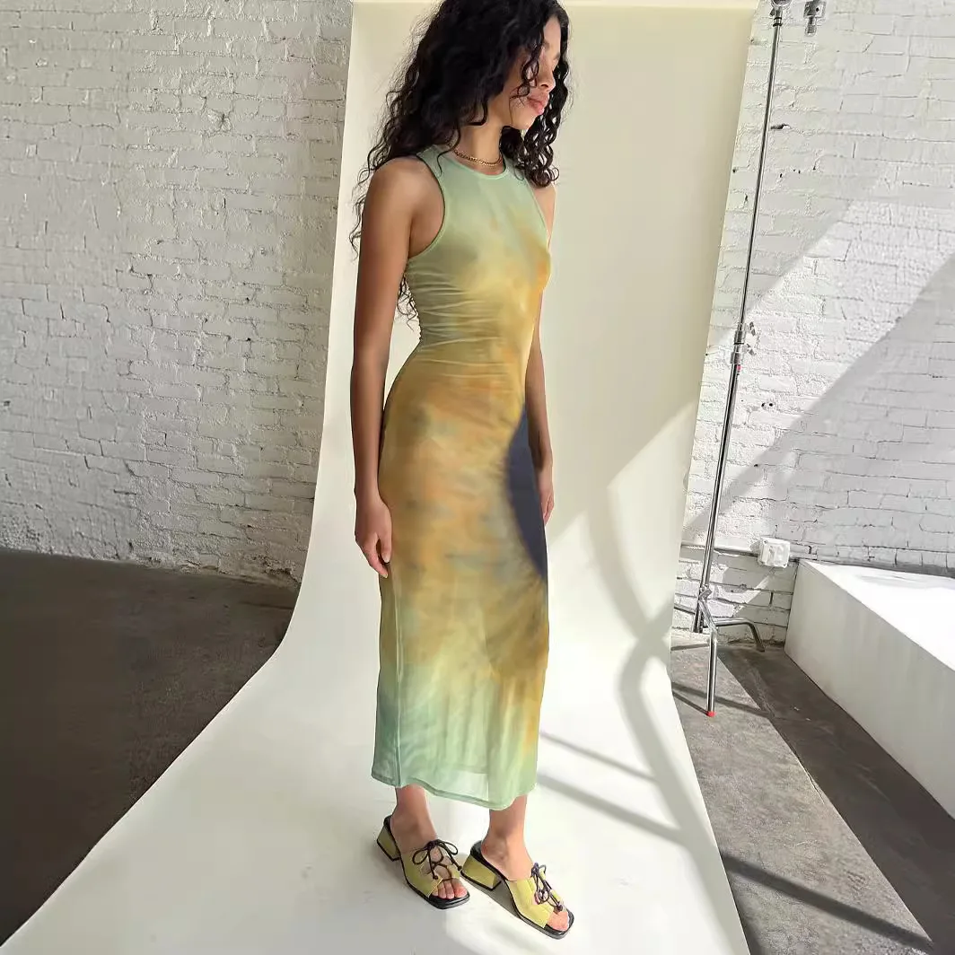 Robe maxi imprimée à effet nickel é de fibres semi-transparentes pour femmes, robe en maille pour tambours commandés, tenue de plage de vacances d'été