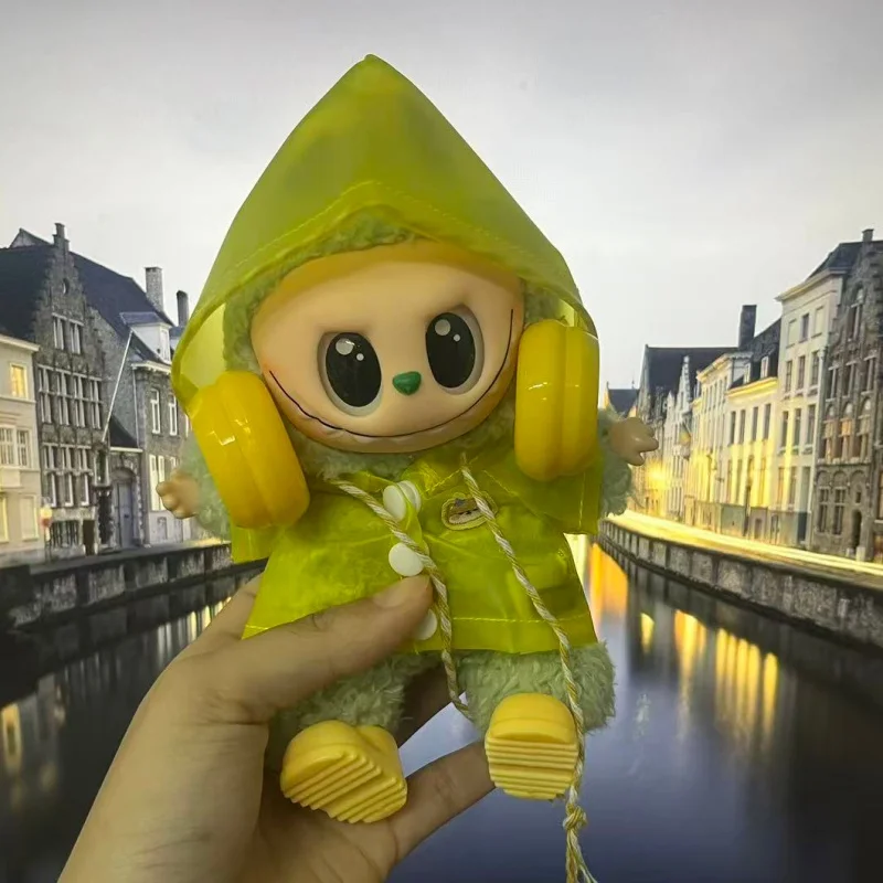 Ubranka dla Labubu 15-17 cm, wodoodporny płaszcz przeciwdeszczowy, buty przeciwdeszczowe, makaroniki, akcesoria do samodzielnego tworzenia strojów dla Labubu.