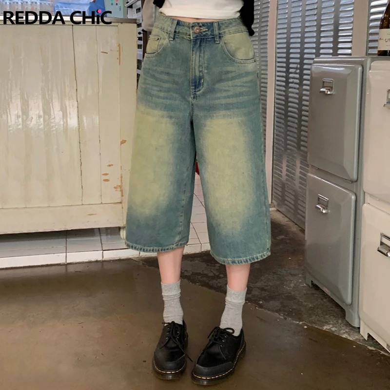 

REDDACHiC 90s Women's Green Wash Baggy Jorts Casual Distressed Whiskers High Waist Wide Leg Denim Shorts Vintage Y2k Streetwear