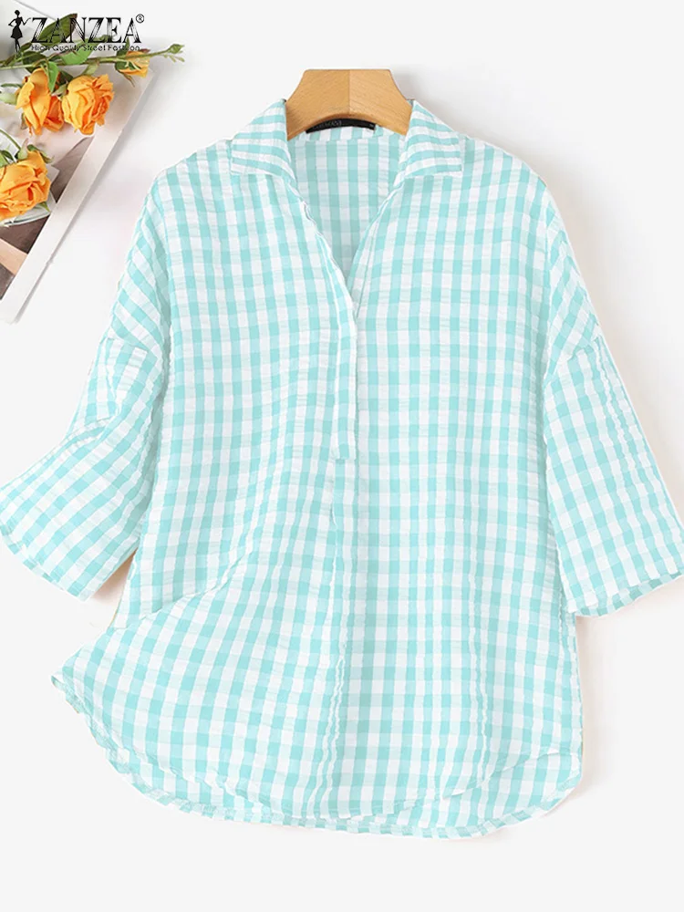 ZANZEA Fashion Summer Lapel Neck 3/4 Sleeve Blouse Women Plaid Checked Tops Elegant Work Shirt Casual Loose Holiday Blusas Tunic