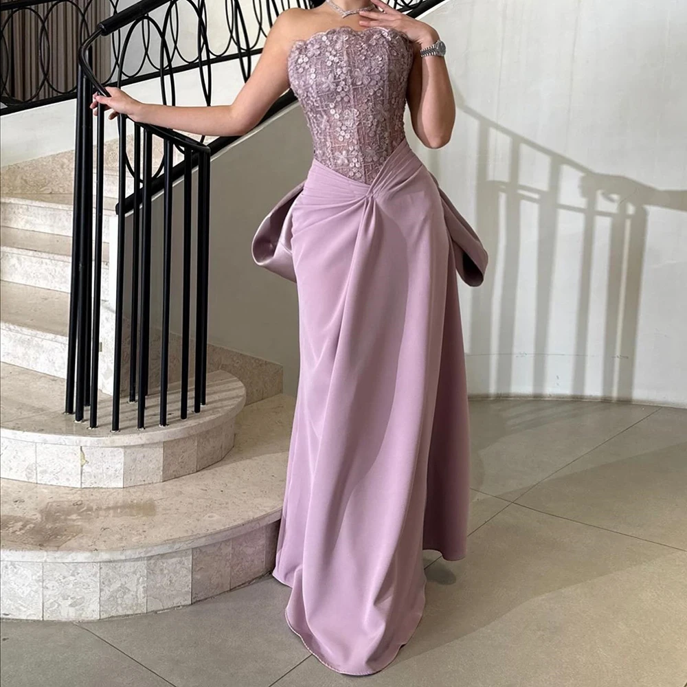 

Customized A-line Evening Dresses Floor-length Strapless Sleeveless Prom Gown Fashion Pleat Lace Backless Bow Draped Party Gown