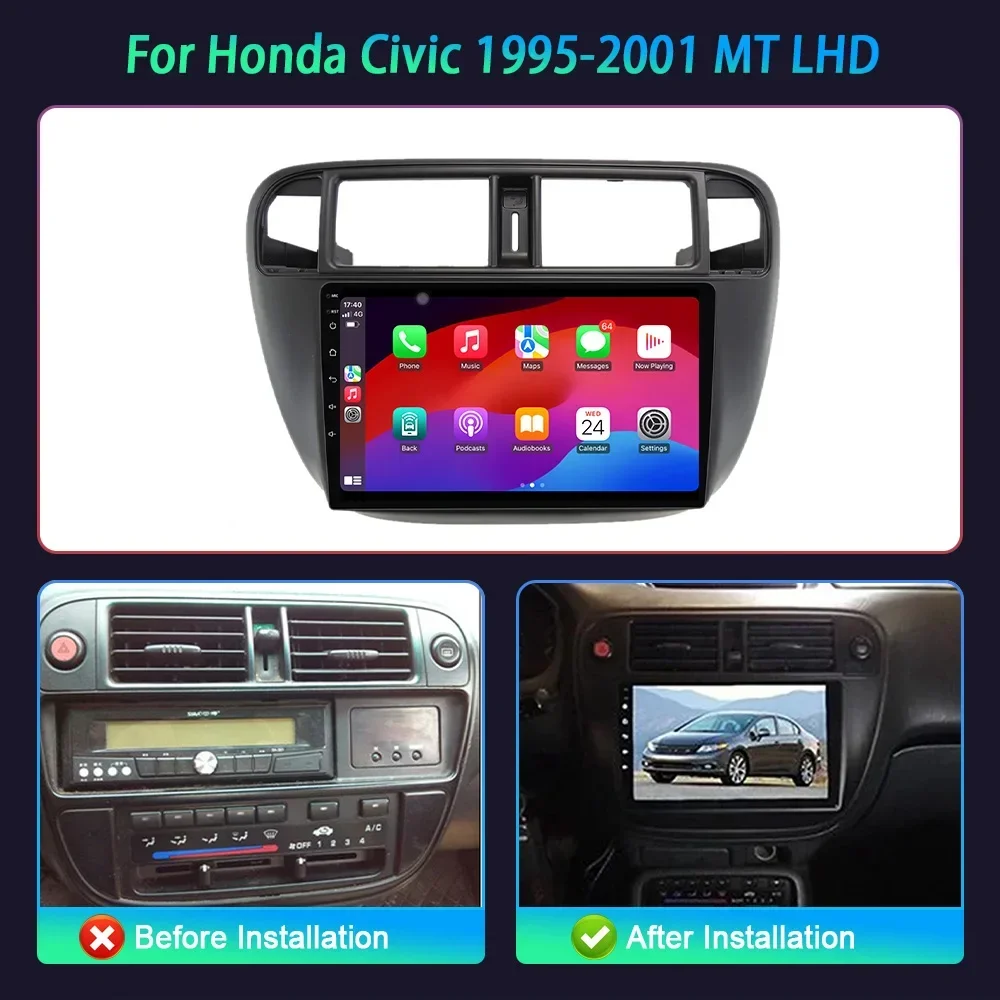 For Honda Civic 1995-2001 MT LHD Android 14 Auto Car Radio Multimedia 4G GPS Navigation Wireless Bluetooth CarPlay Screen Stereo