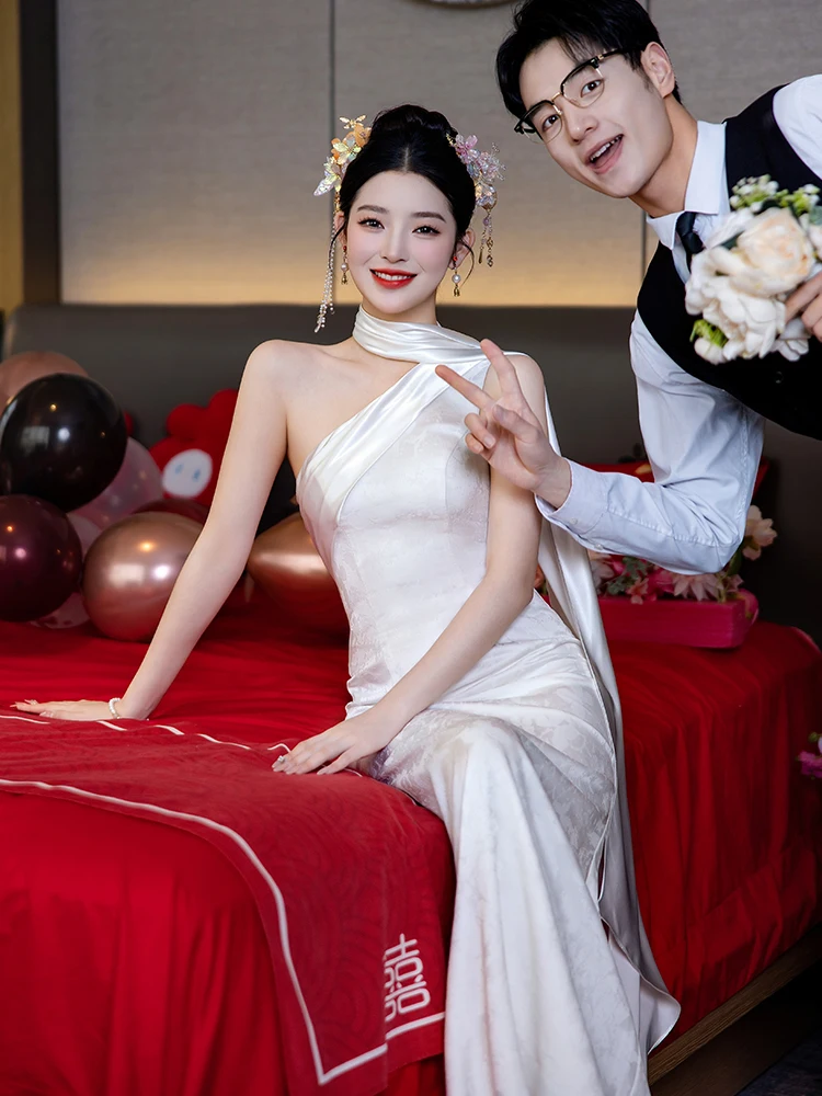 

White Fi Tail Evening Dr Wedding Dr Engagement Robe Luxury mat Registration Ceremony Beautiful Ele Women's...