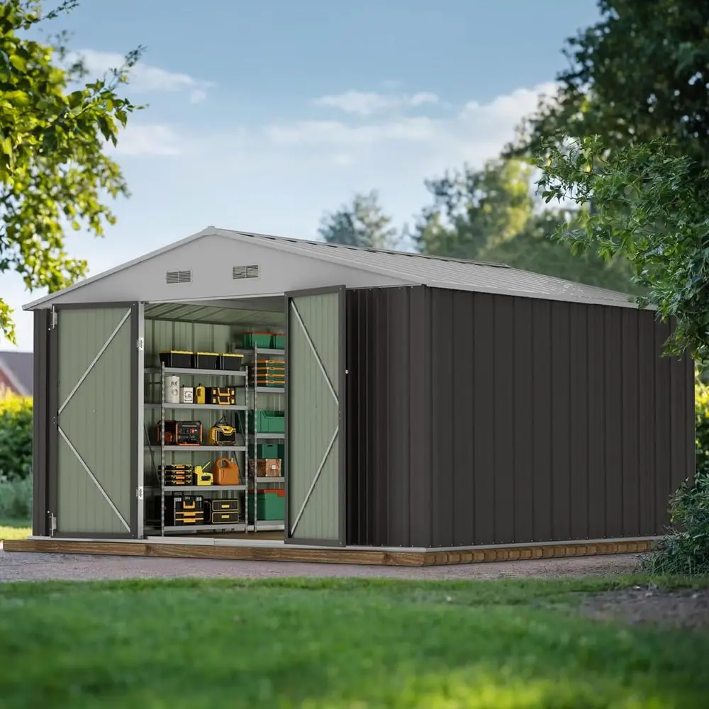 

10x10 Outdoor Metal Storage Shed - Large Garden Shed in Grey