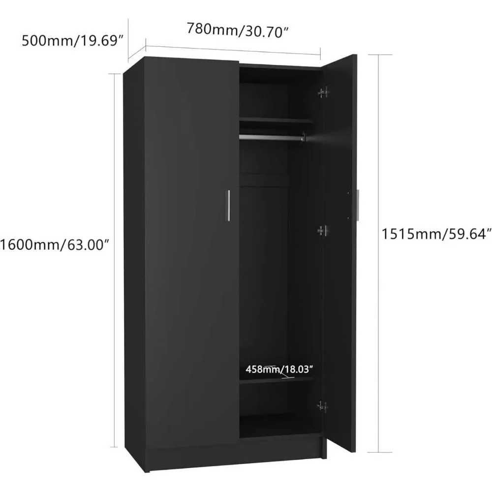 خزانة خزانة ملابس خشبية ببابين من Panana مع حاجز تعليق ورفين، خزانة غرفة النوم للتخزين (أسود)