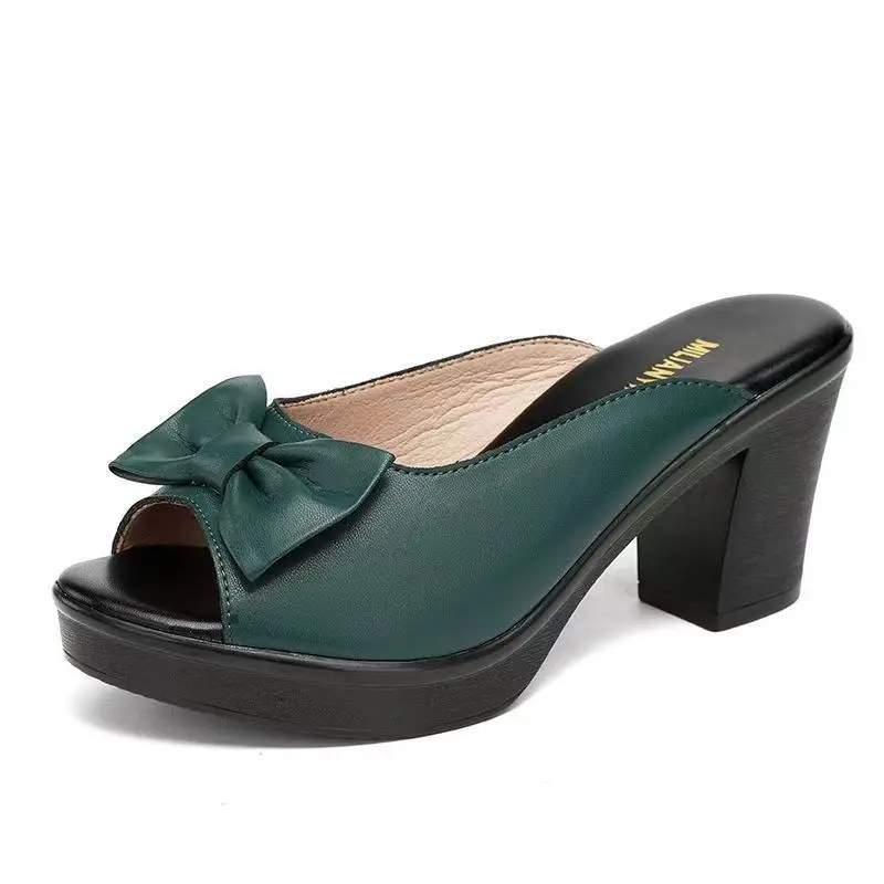 

Женские летние сандалии-шлепанцы с бантом, на высоком каблуке, с открытым носком, на толстой нескользящей подошве, модные уличные сандалии-шлепанцы на массивном каблуке