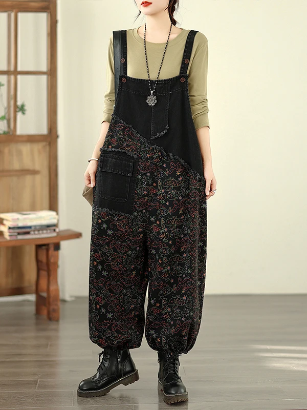 Casual Printed Denim Overalls Women's plus Size Faionable Personali Wide Leg Pants High Waist Straight Cut Spring Season