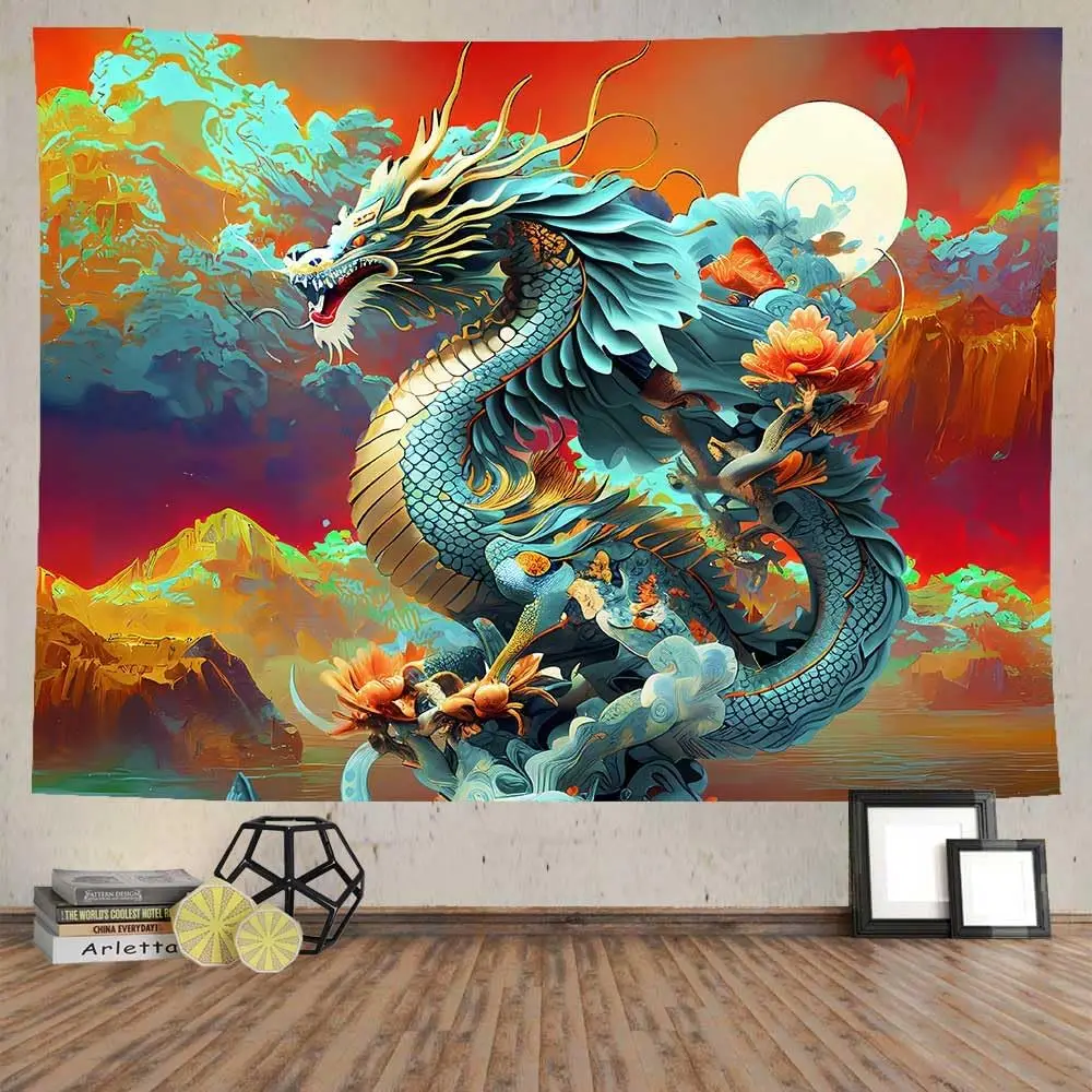 Fantasy Dragon Tapestry, Traditional Blue Chinese Dragon with Flowers and Scenic View Wall Art for Bohemian Aesthetic Decor