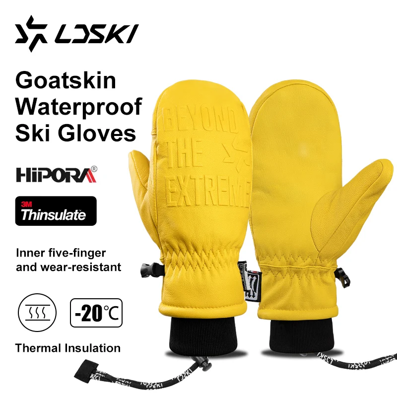 LDSKI Ski Gloves WomenMen Waterproof Thermal Insulated 3M Thinsulate Retro GoatLeather Winter Warm Mittens Snowboard Accessories