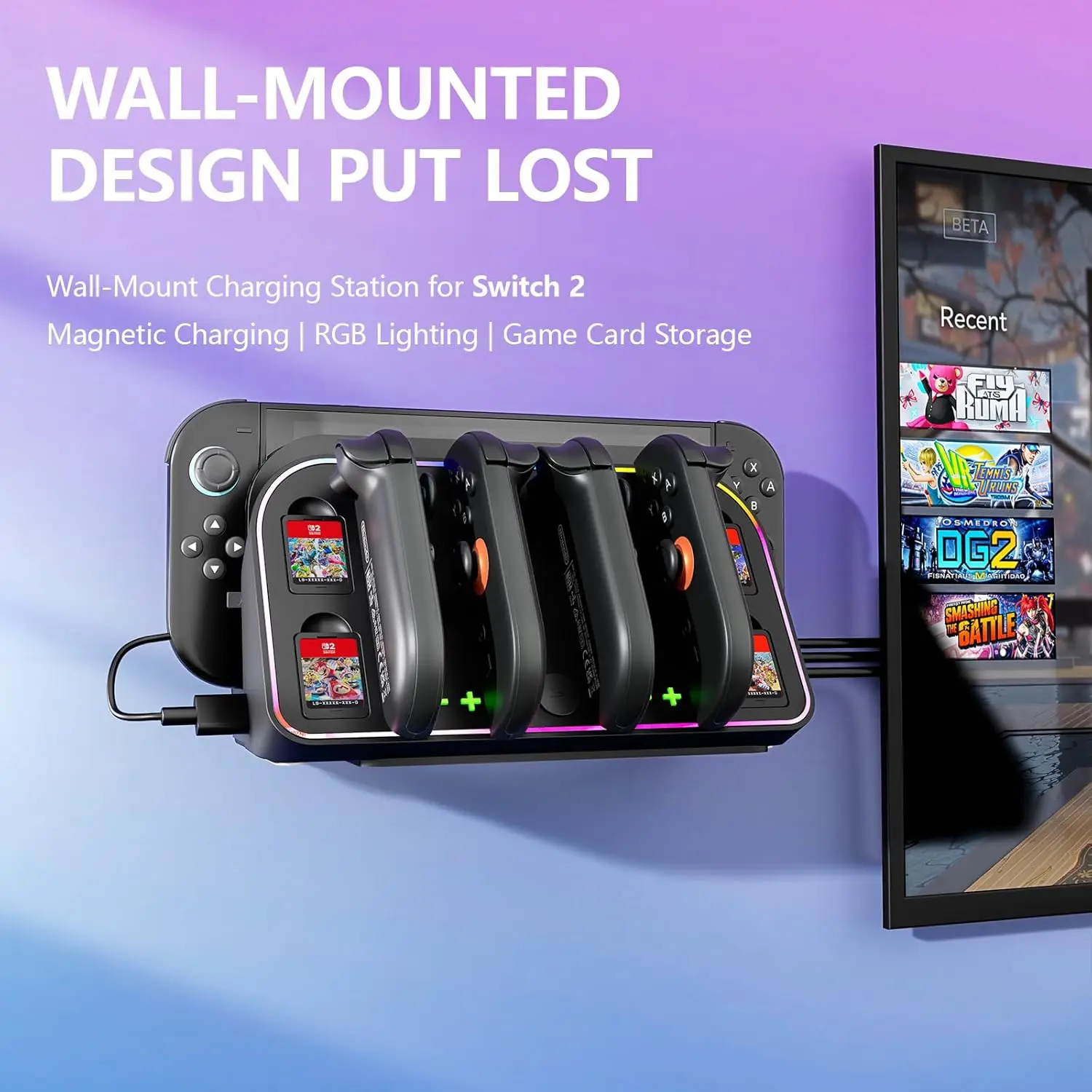 قاعدة شحن مثبتة على الحائط لجهاز نينتندو سويتش 2 2025 - مع محطة شاحن Joy Con المغناطيسية RGB مع 4 حامل تخزين لبطاقات الألعاب